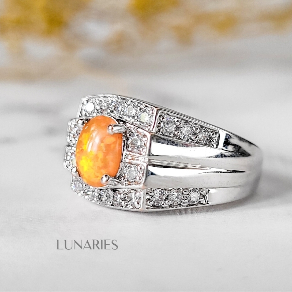 Orange Fire Opal Statement Ring: Silver Plated Brass, CZ Accents, Size 8